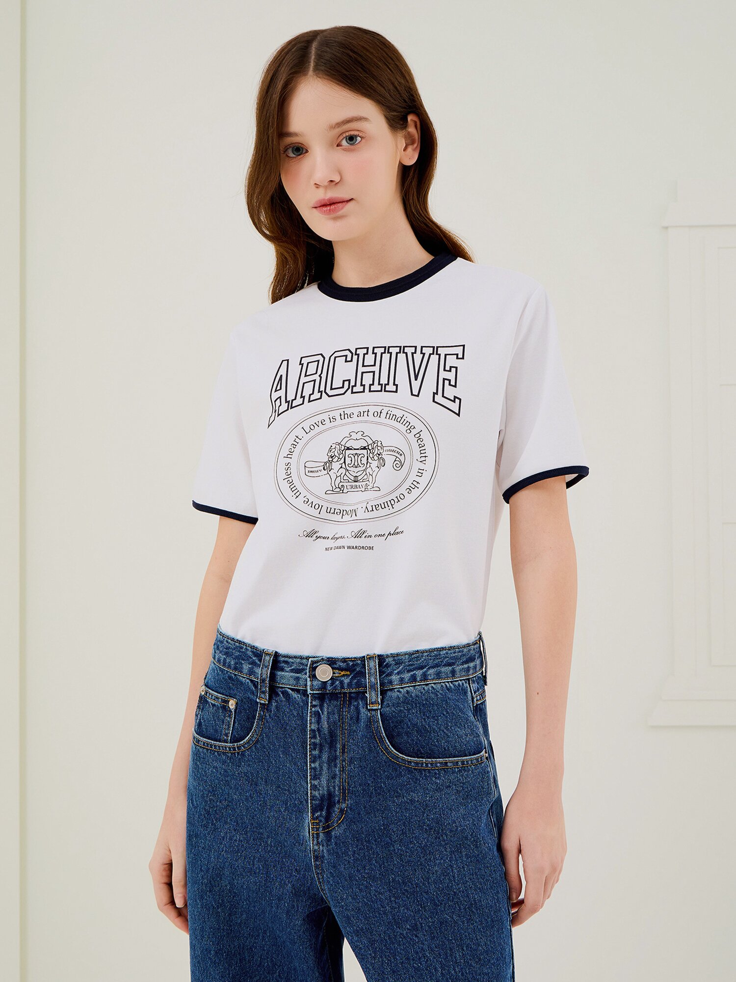 프린트 배색 라운드넥 티셔츠 (WHITE)