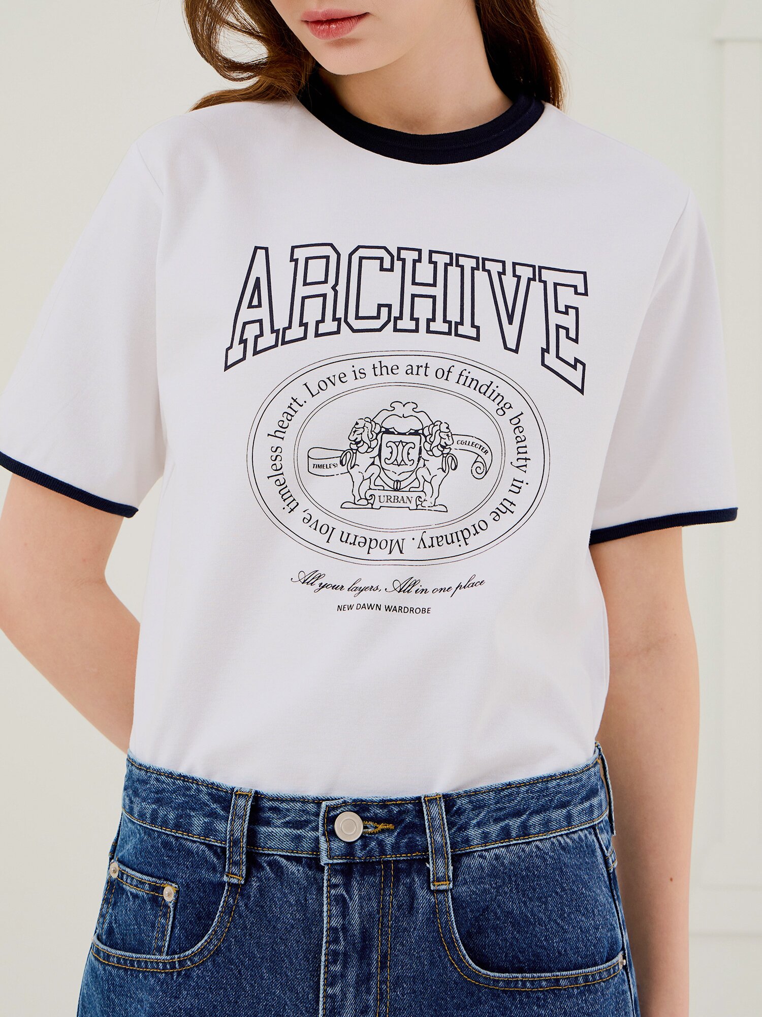 프린트 배색 라운드넥 티셔츠 (WHITE)