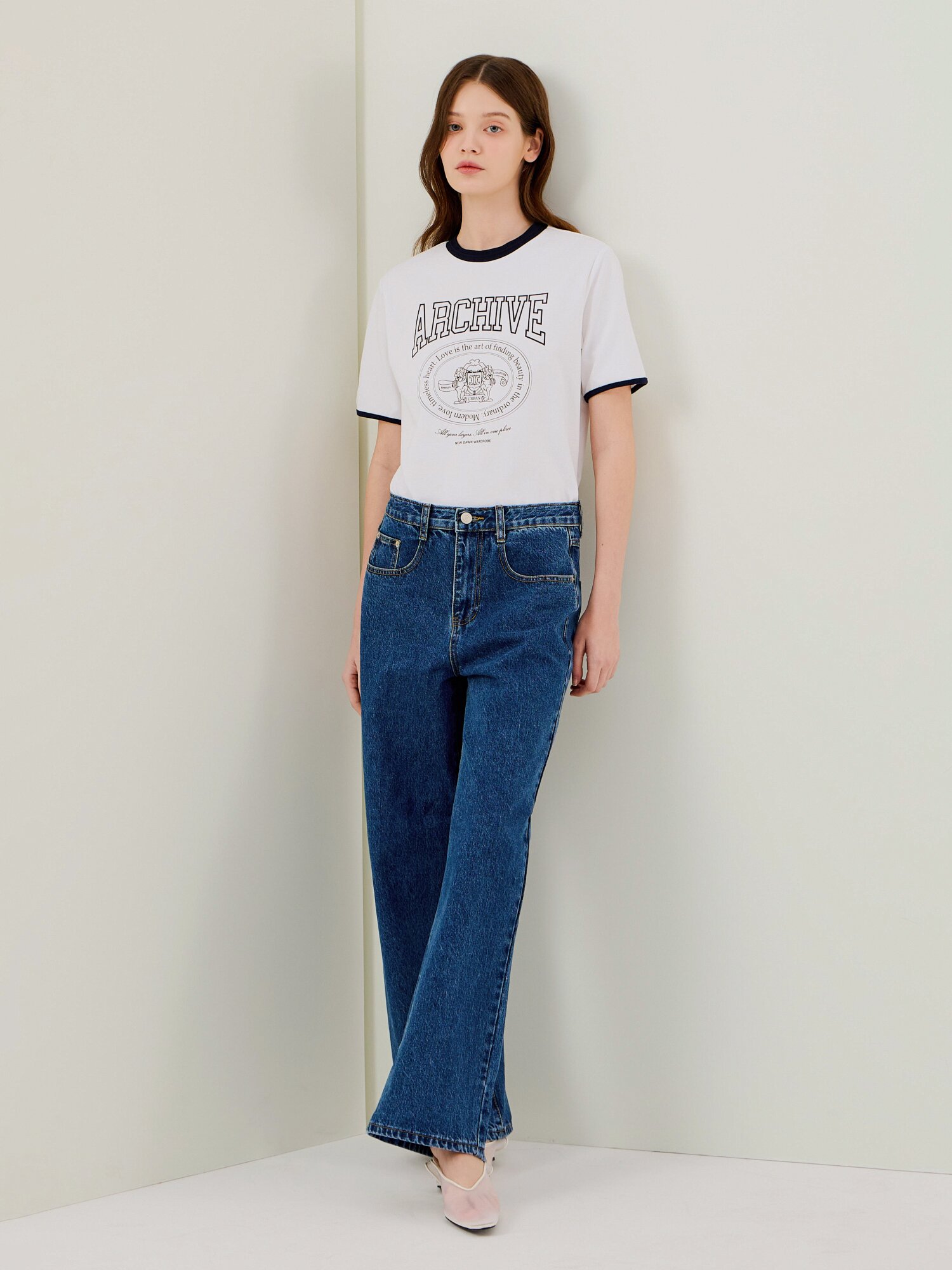 프린트 배색 라운드넥 티셔츠 (WHITE)