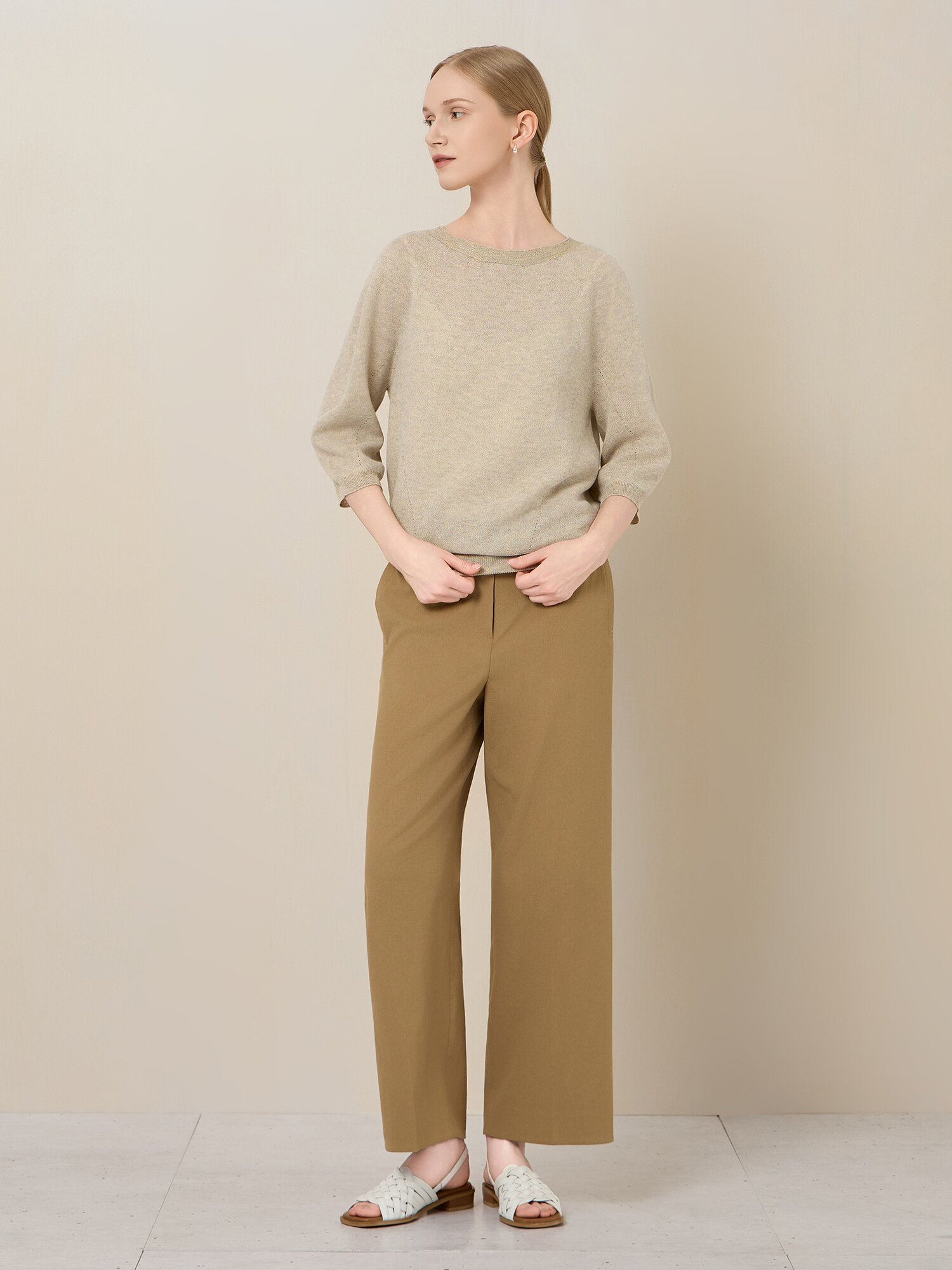 위브 스티치 와이드 크롭 팬츠 (DARK BEIGE)