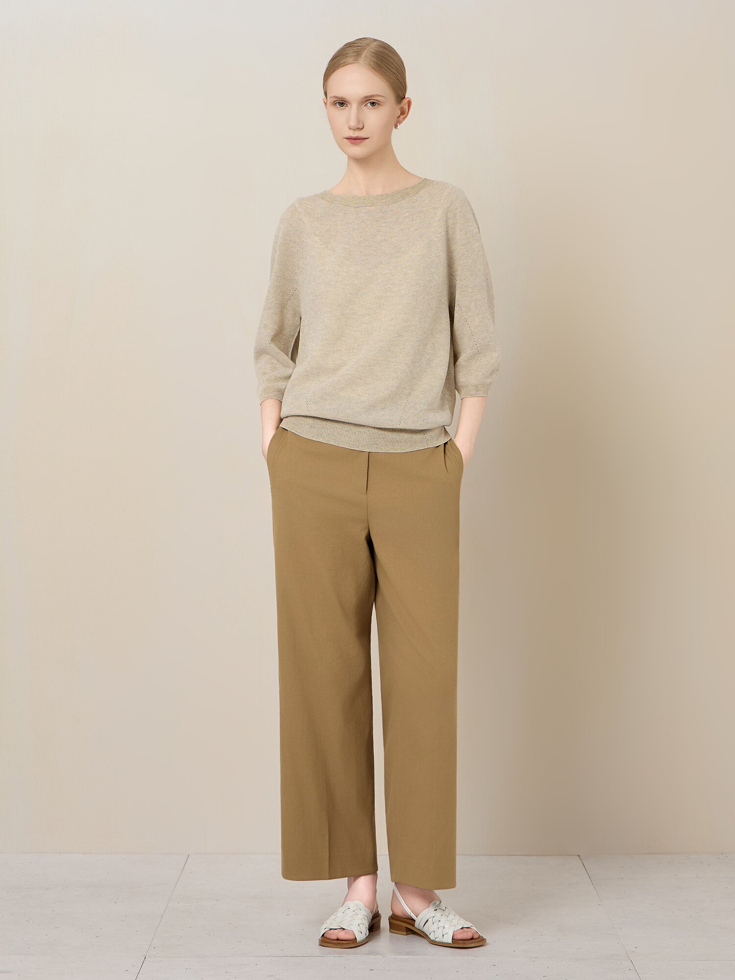 위브 스티치 와이드 크롭 팬츠 (DARK BEIGE)