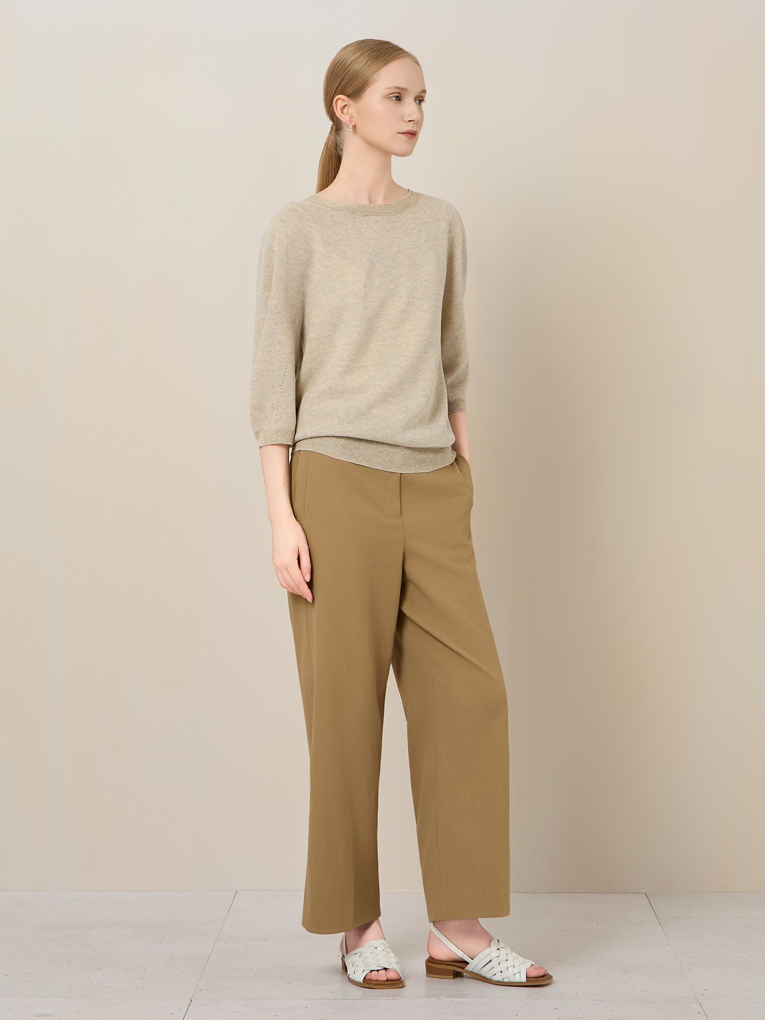 위브 스티치 와이드 크롭 팬츠 (DARK BEIGE)