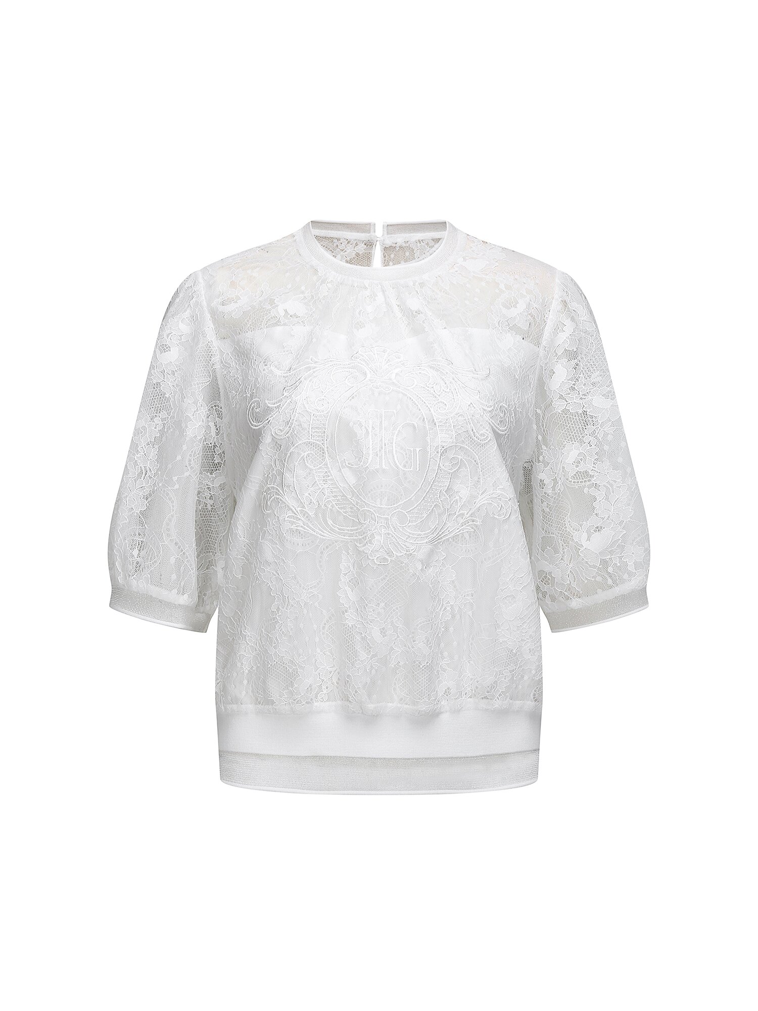 레이스 로고 자수 크롭 블라우스 (WHITE)