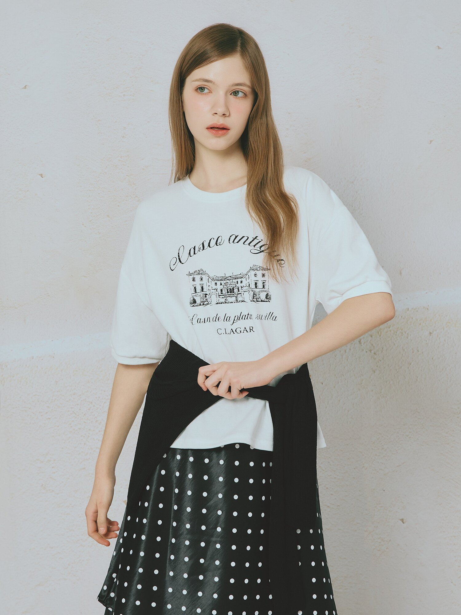 프린팅 밴딩 슬리브 티셔츠 (WHITE)