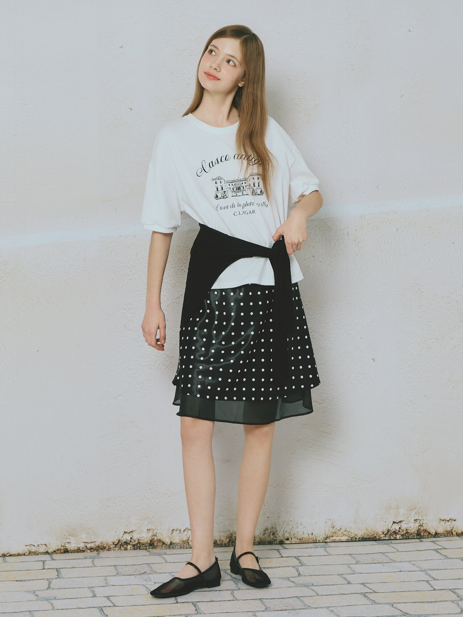 프린팅 밴딩 슬리브 티셔츠 (WHITE)