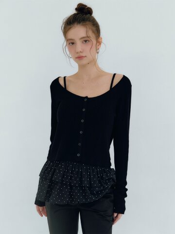 바네사 가디건-도트 티어드 스커트 슬리브리스 셋업