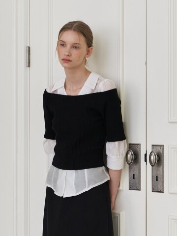 [SET] 포인티드 카라 블라우스 + 레이어드 티셔츠 블랙