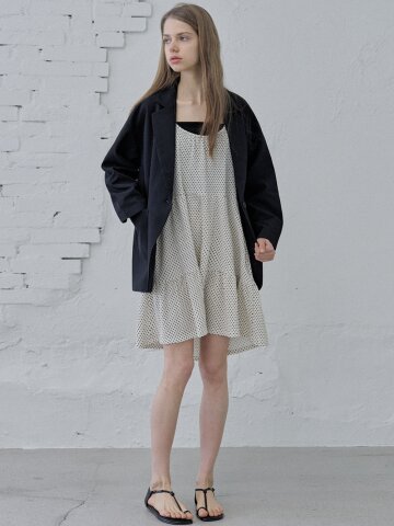 Dot Ribbon Shirring Mini Dress - IVORY