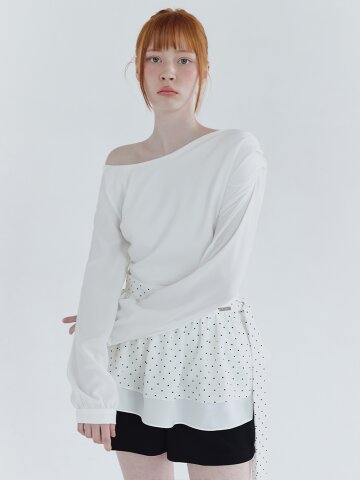 세레나 원 오프숄더 블라우스-도트 랩 스커트 셋업