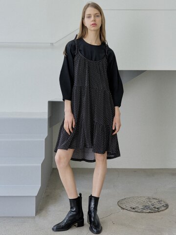 	
Dot Ribbon Shirring Mini Dress - BLACK