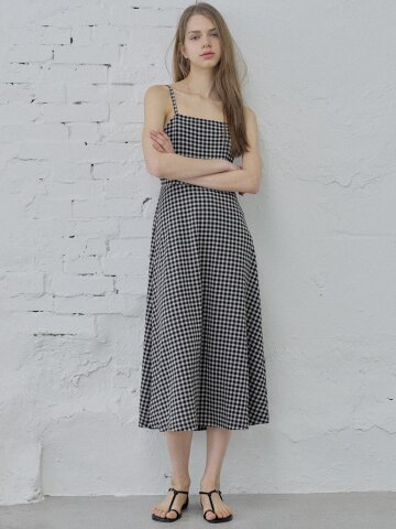 Check Sleeveless A-line Long Dress - BLACK