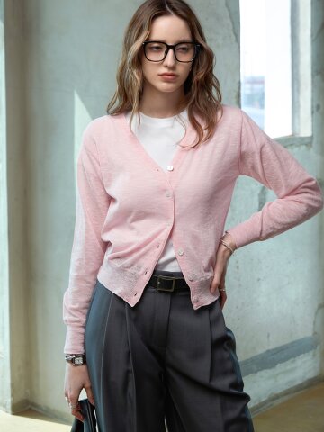 코튼 시스루 브이가디건 PINK