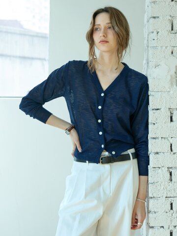 코튼 시스루 브이가디건 NAVY