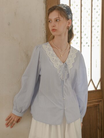 PM_Striped lace collar ribbon shirt_BLUE