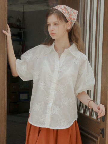 PM_Embroidered short puff sleeve shirt_WHITE