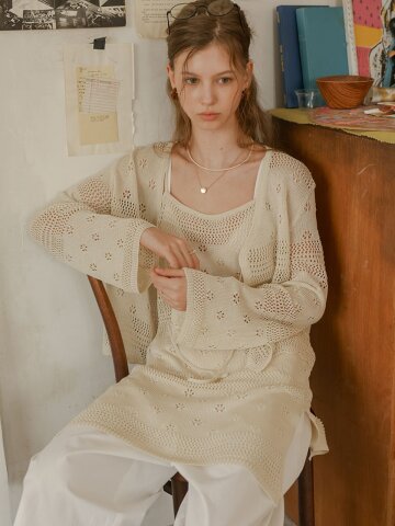 PM_Beige crochet cardigan dress set