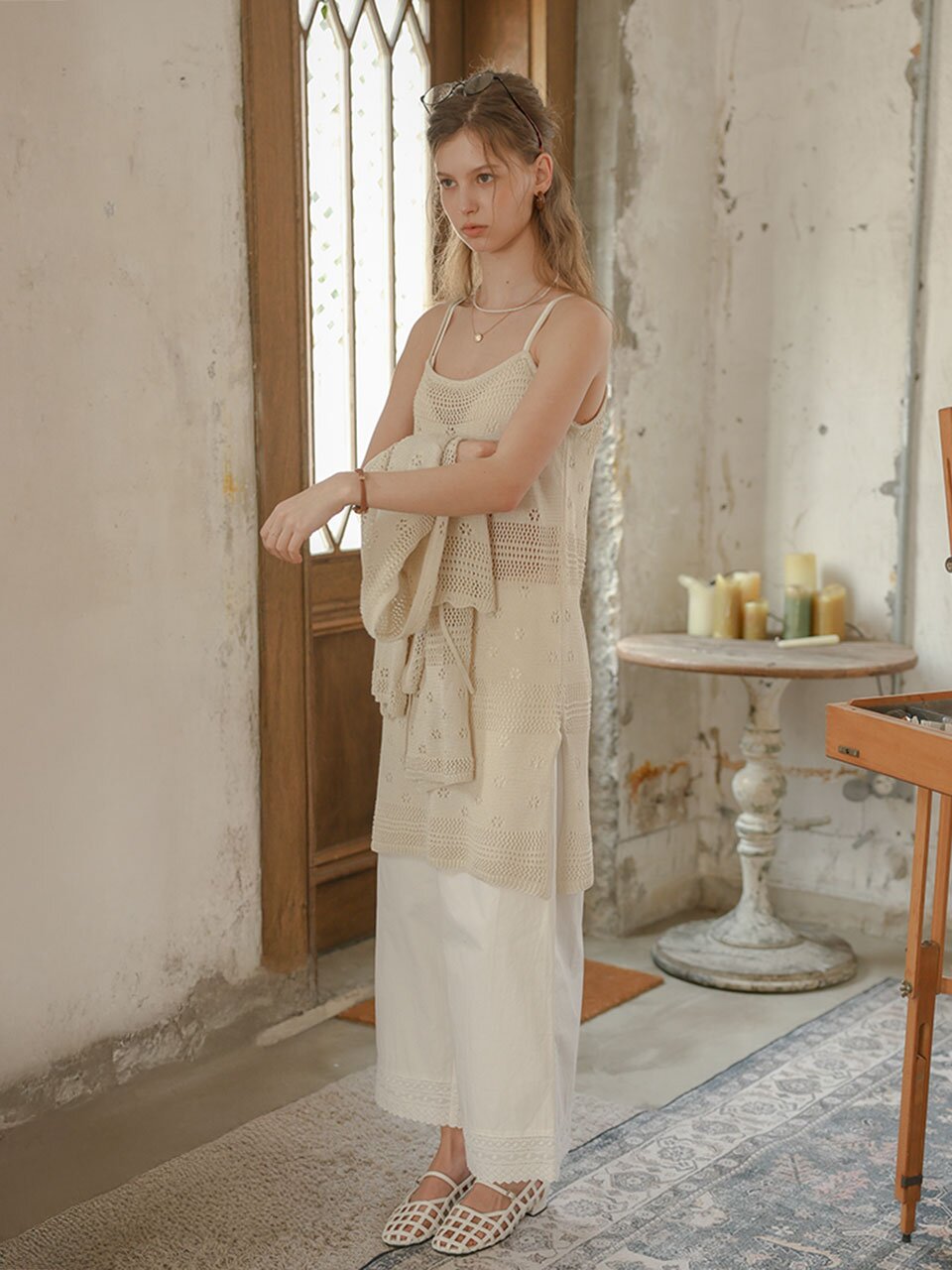 PM_Beige crochet cardigan dress set