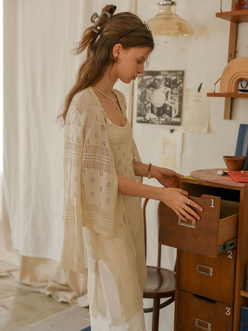 PM_Beige crochet cardigan dress set