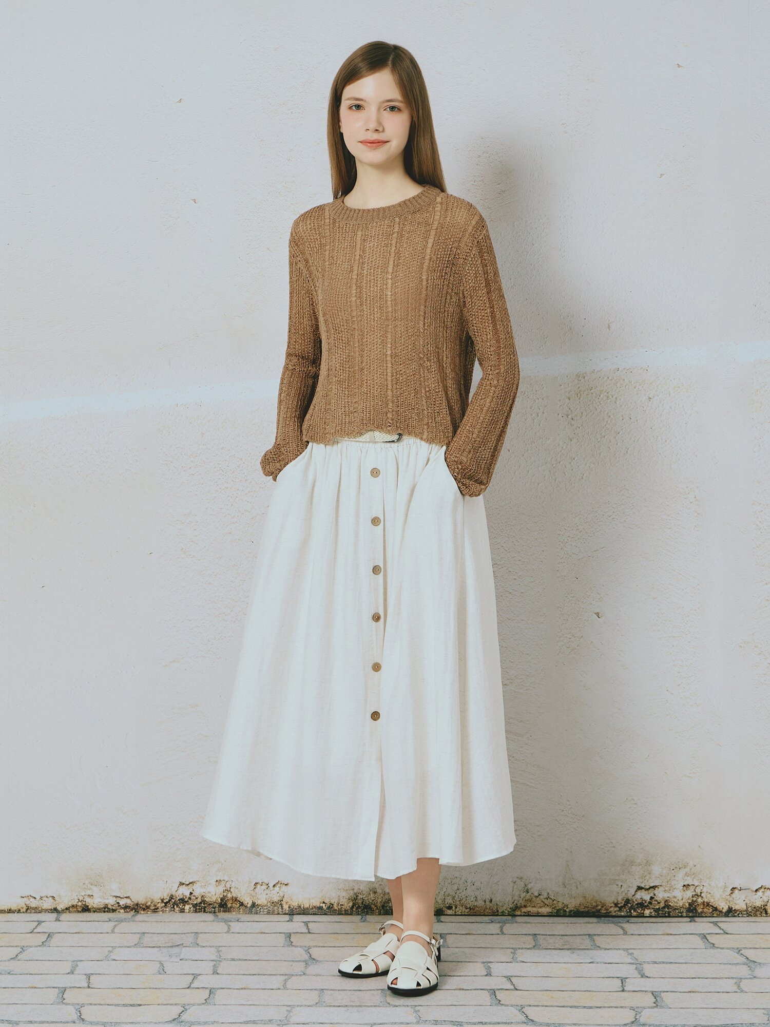 크로셰 라운드넥 풀오버 니트 (BROWN)