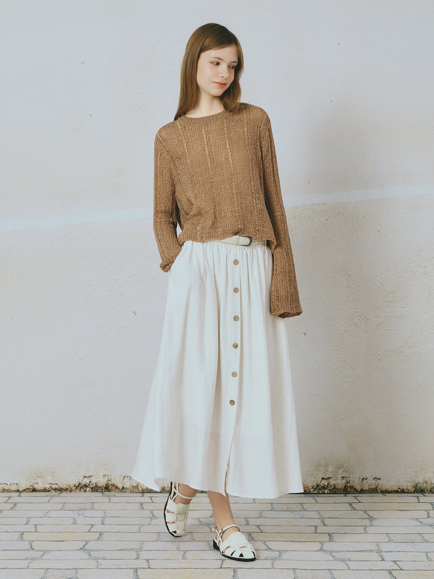 크로셰 라운드넥 풀오버 니트 (BROWN)