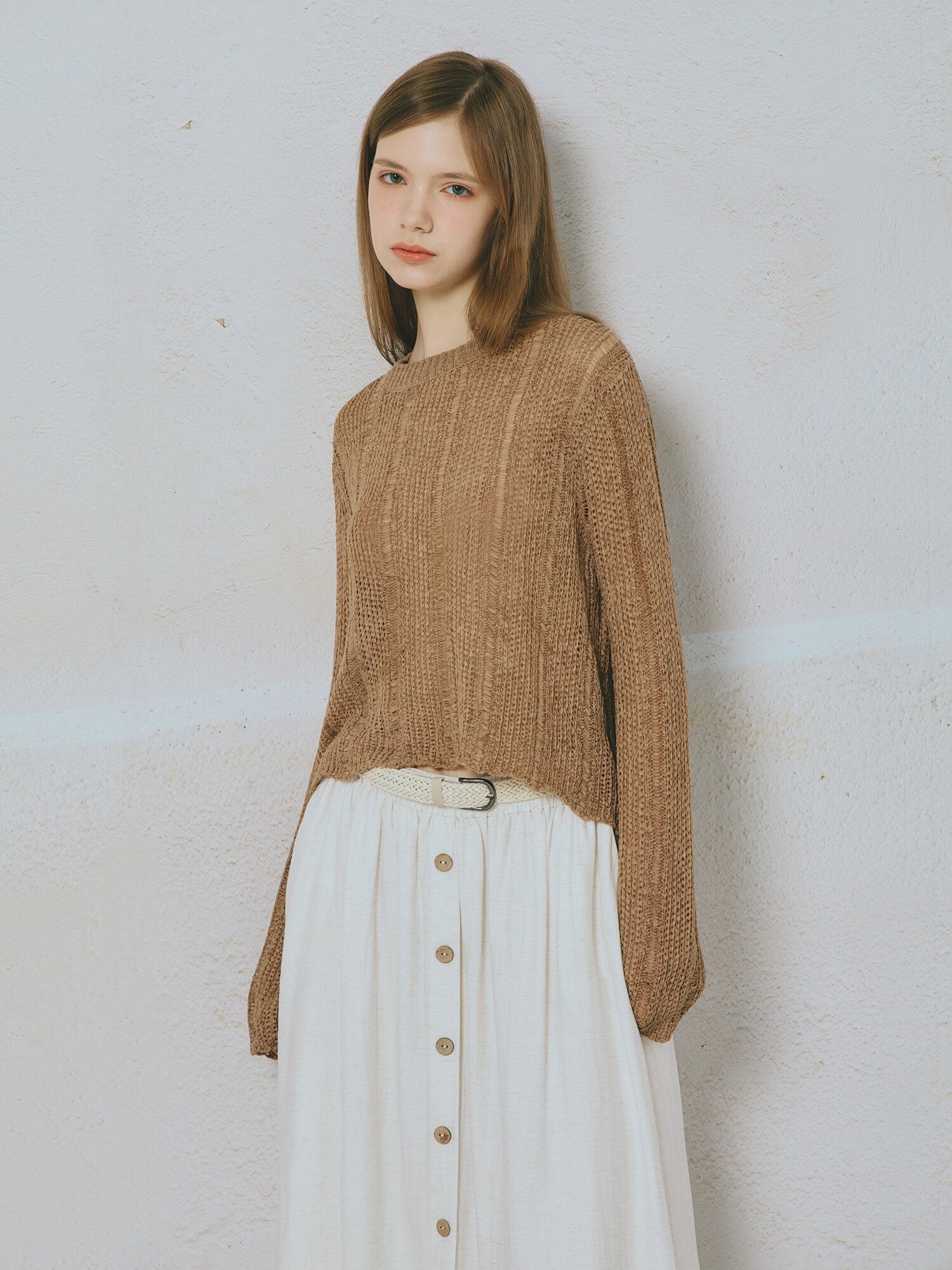 크로셰 라운드넥 풀오버 니트 (BROWN)