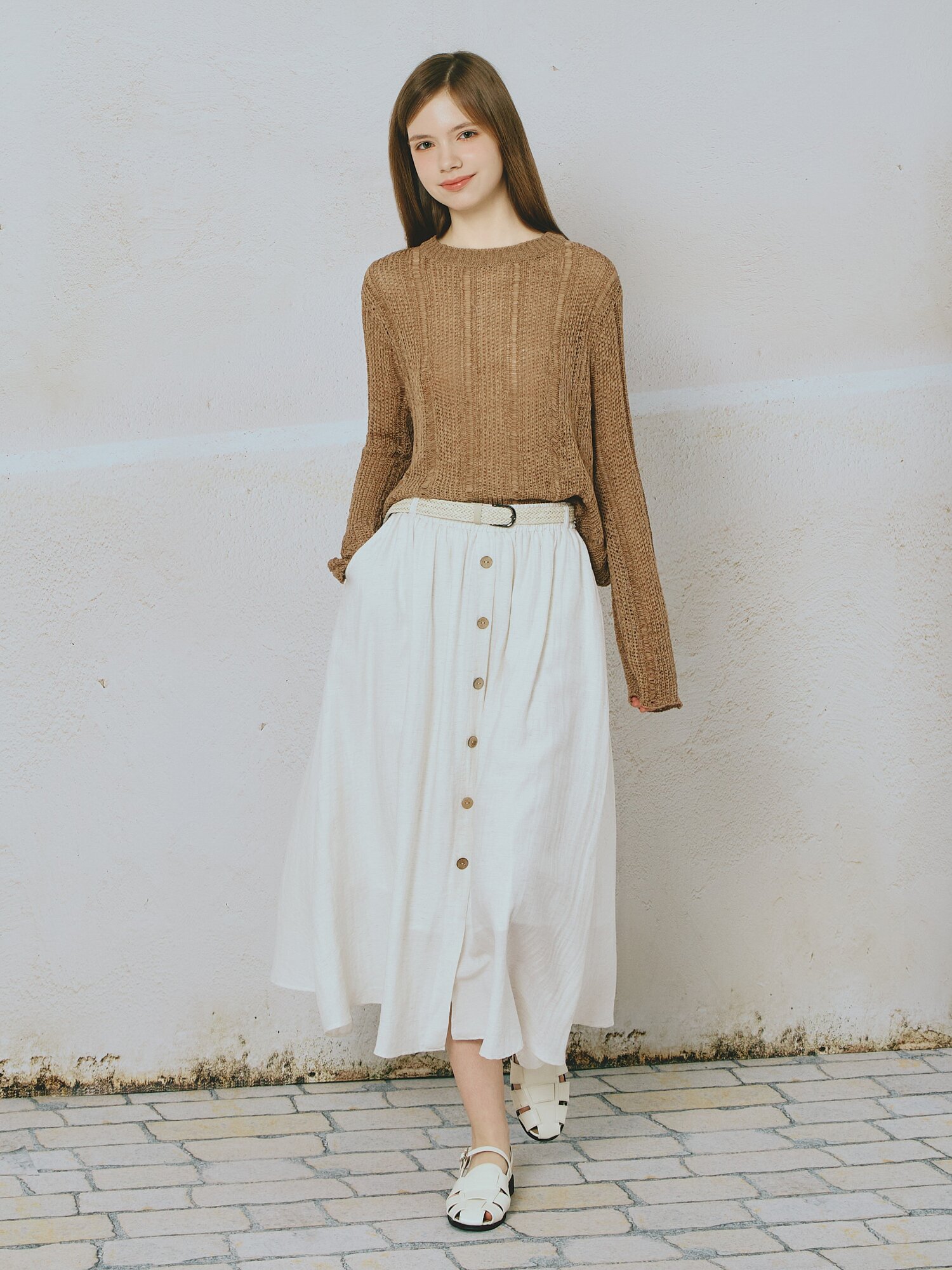 크로셰 라운드넥 풀오버 니트 (BROWN)