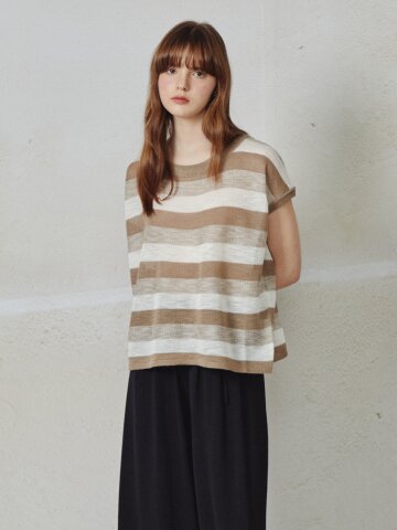 스트라이프 슬리브리스 니트 