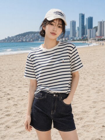 자수 포인트 스트라이프 티셔츠 