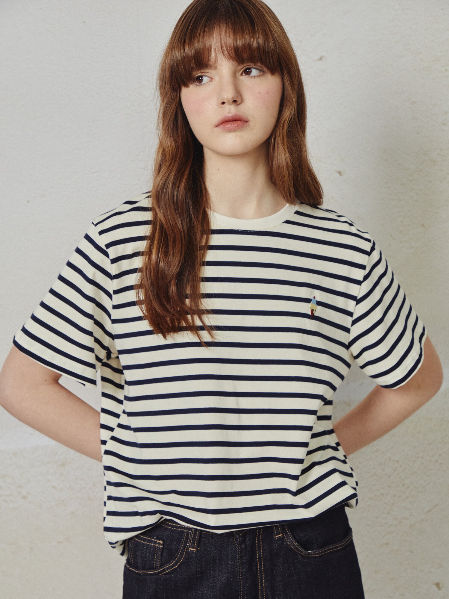 자수 포인트 스트라이프 티셔츠 (STRIPE IVORY)