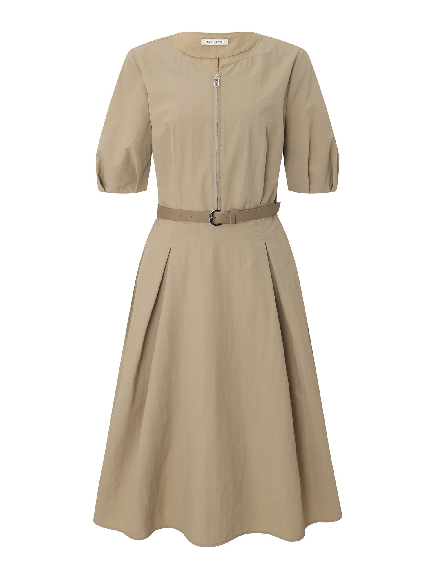 벨티드 퍼프 플레어 원피스 (BEIGE)