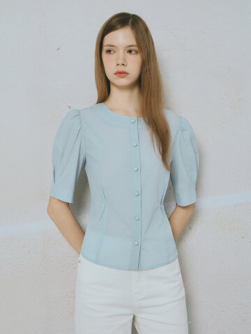 라운드넥 퍼프 블라우스 