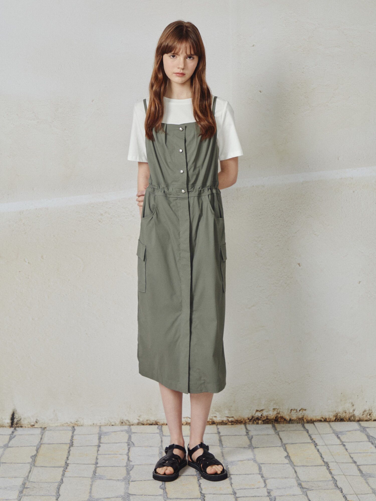 블라우스 레이어드 뷔스티에 원피스 (KHAKI)