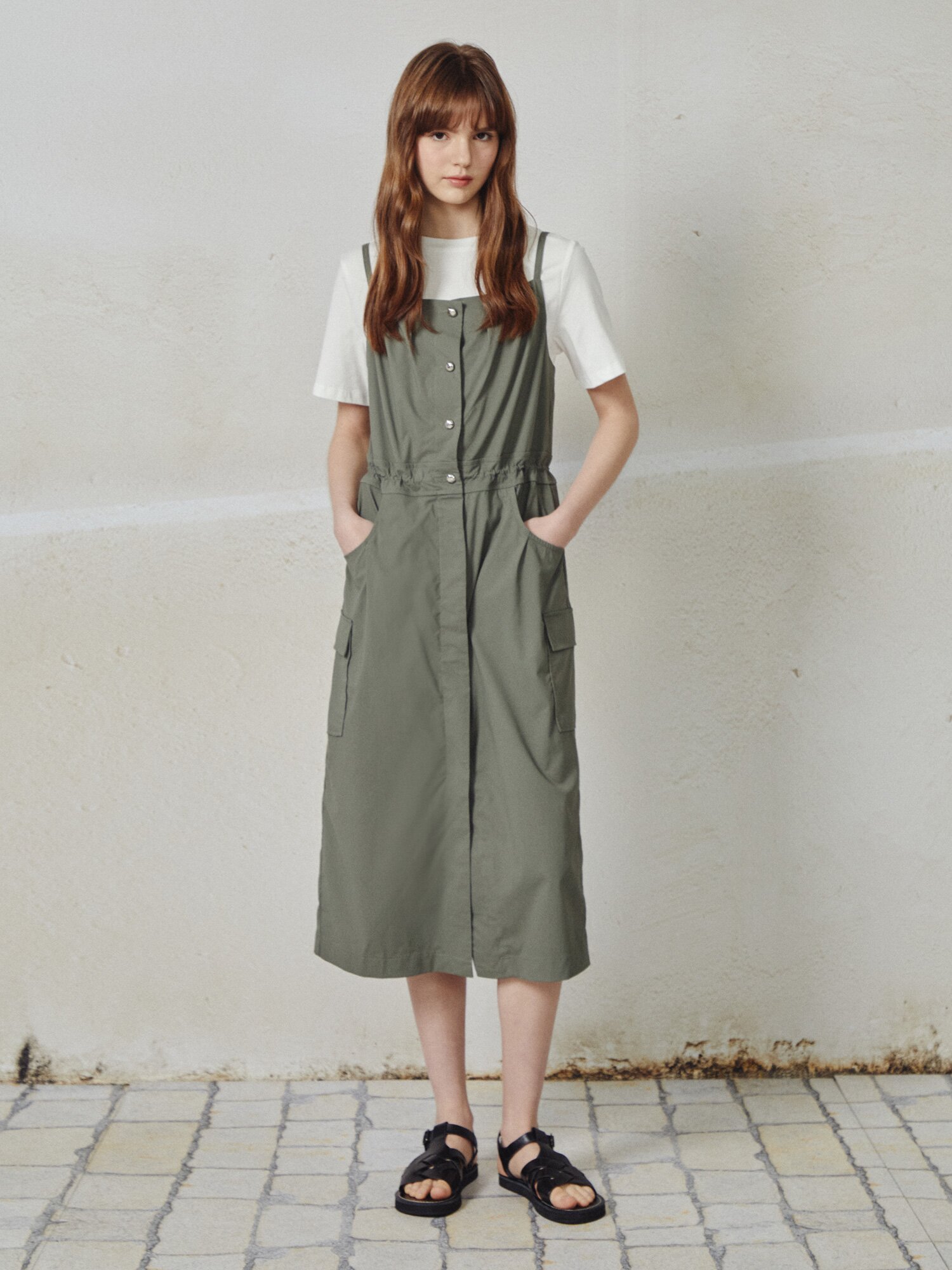 블라우스 레이어드 뷔스티에 원피스 (KHAKI)