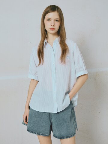 퍼프 리본 소매 스트라이프 블라우스 