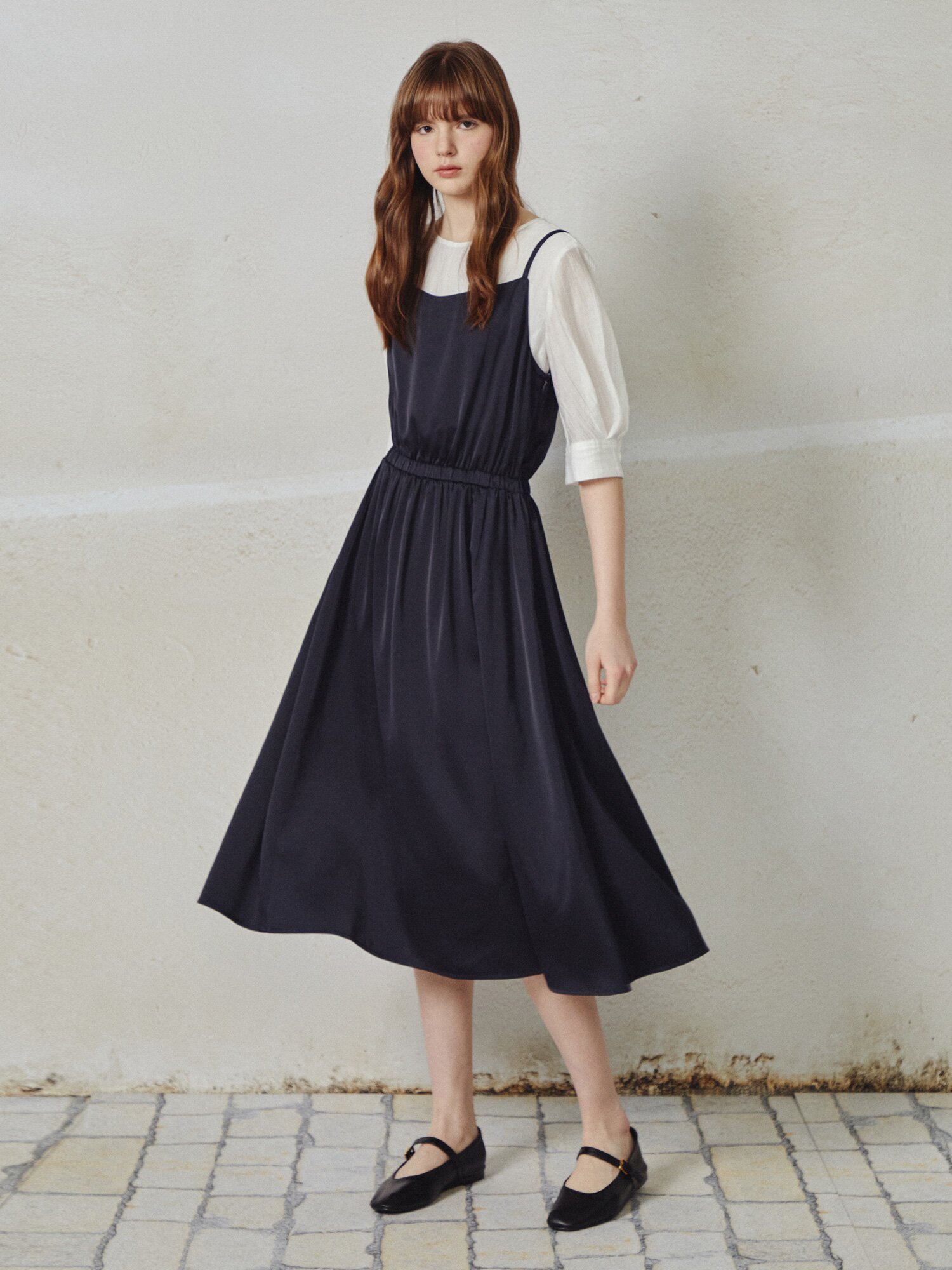 블라우스 레이어드 뷔스티에 원피스 (DARK NAVY)