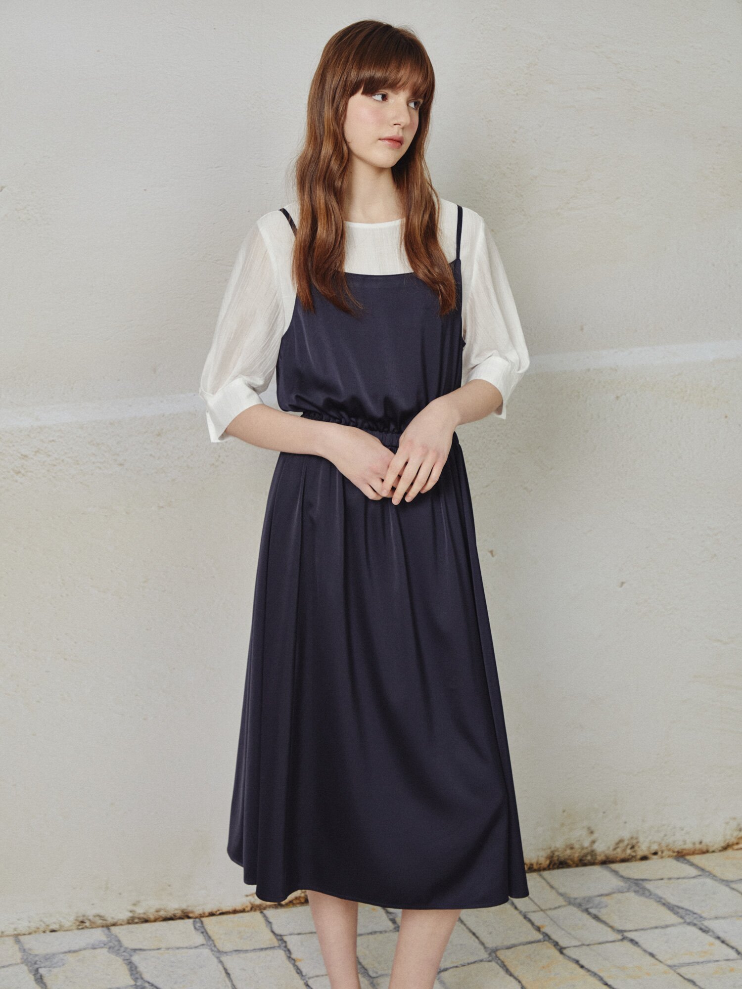 블라우스 레이어드 뷔스티에 원피스 (DARK NAVY)