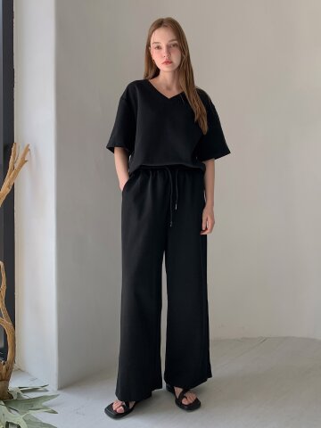 [SET] 브이넥 반팔 티셔츠+와이드 밴딩 팬츠 투피스 셋업 (3colors)
