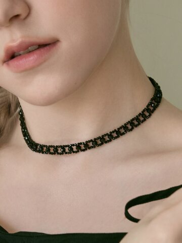 (925 Silver) Noir Crystal Weave Necklace