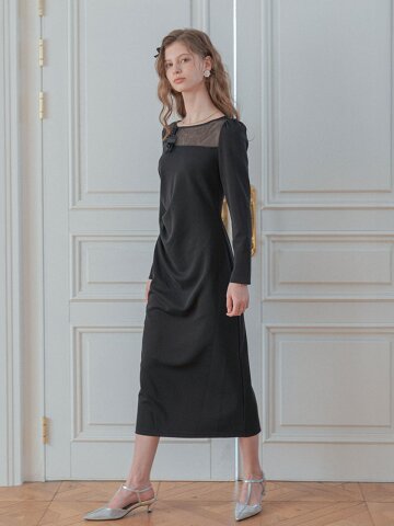 LB_Elegant sheer panel long dress_BLACK