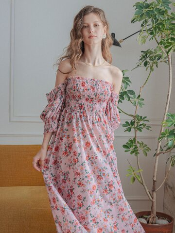 LB_Feminine floral off-shoulder dress_PINK