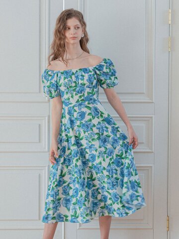 LB_Floral puff sleeve off-shoulder dress_BLUE