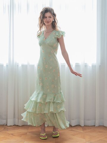 LB_Green floral ruffle tiered dress
