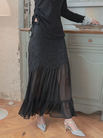 LB_Layered lace mesh long skirt_BLACK