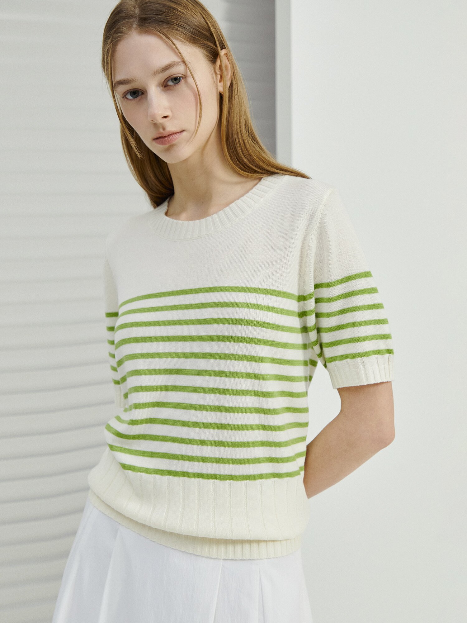 스트라이프 하프 슬리브 니트 (LIGHT GREEN)