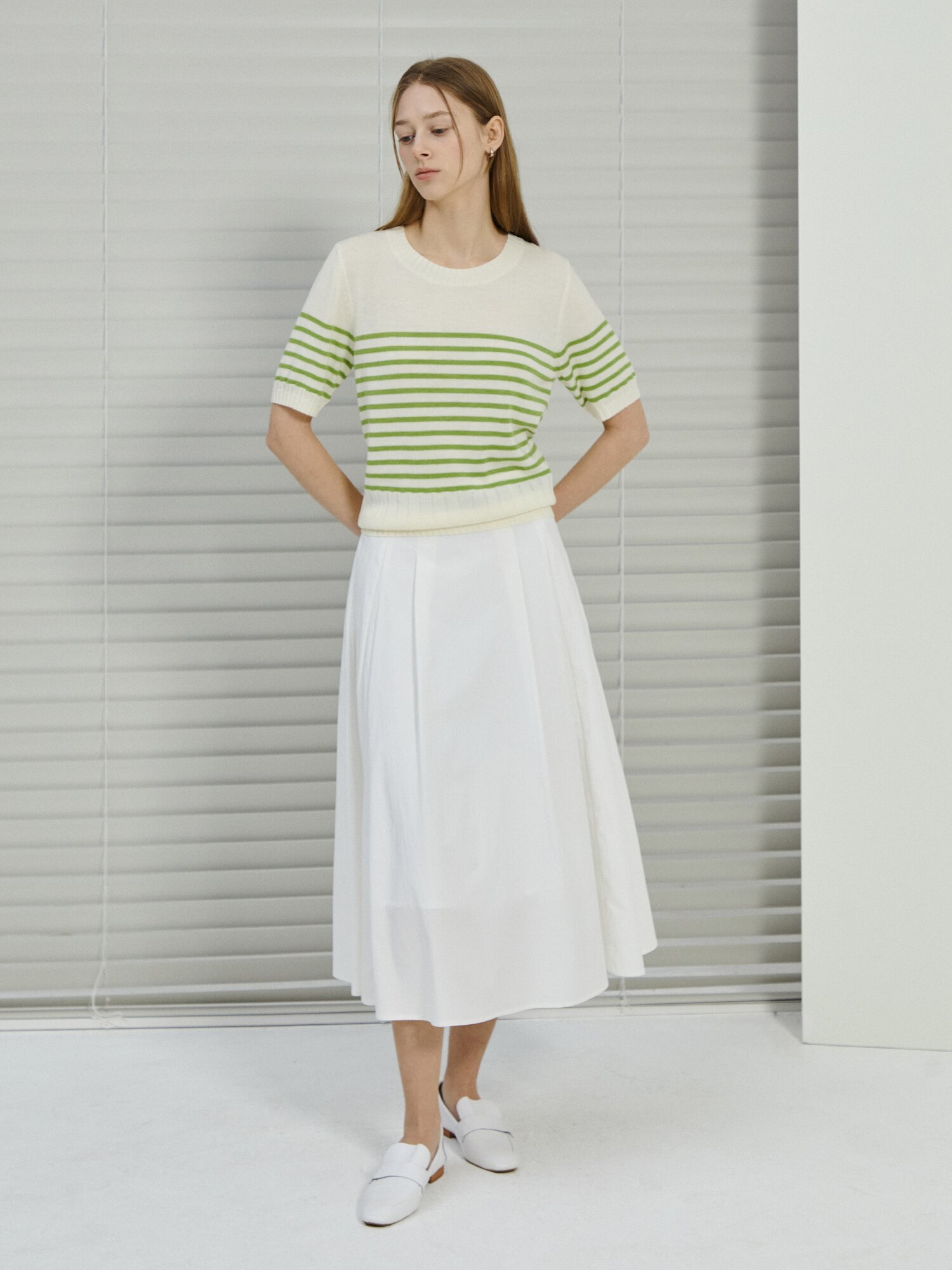 스트라이프 하프 슬리브 니트 (LIGHT GREEN)