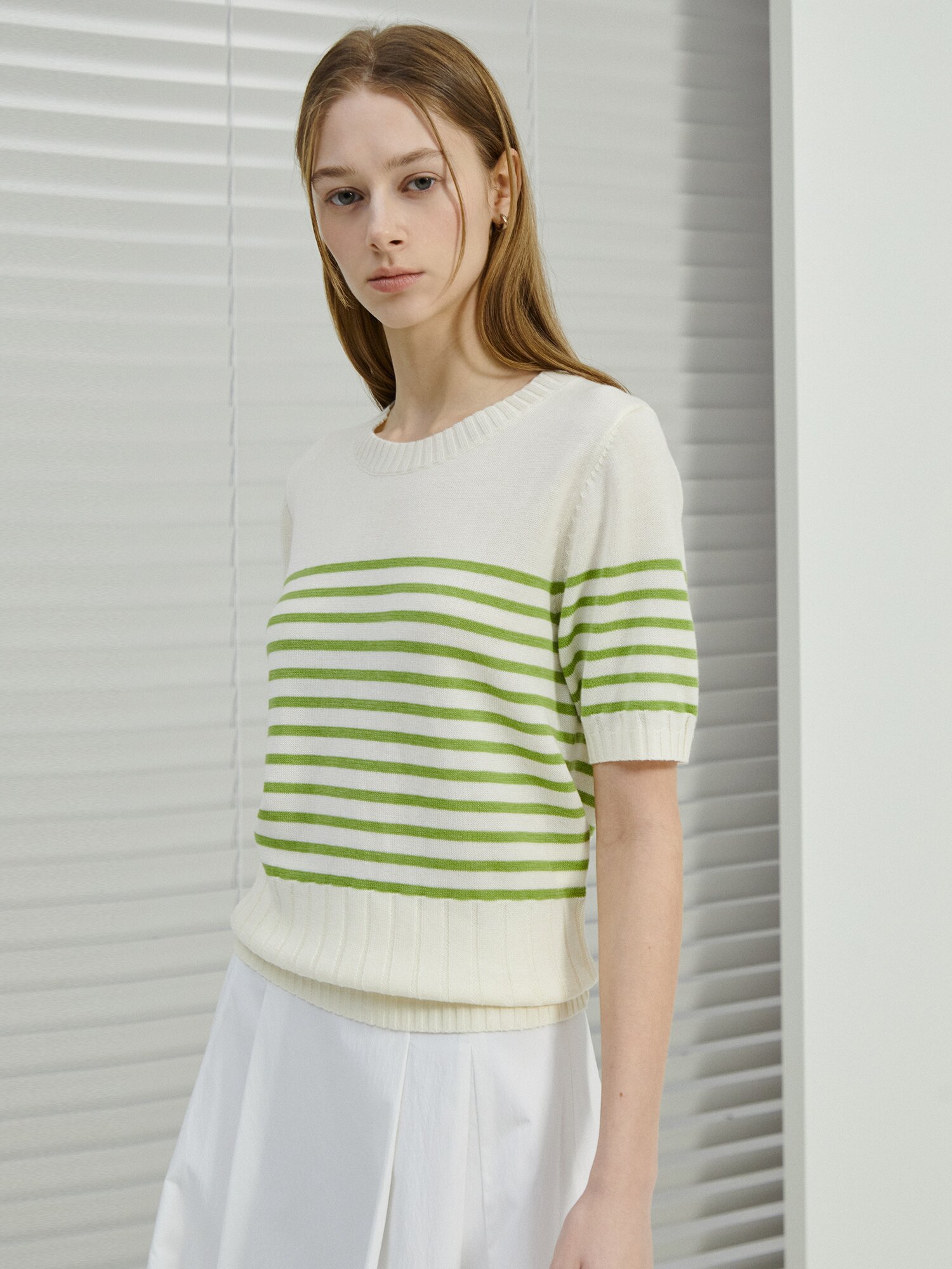스트라이프 하프 슬리브 니트 (LIGHT GREEN)