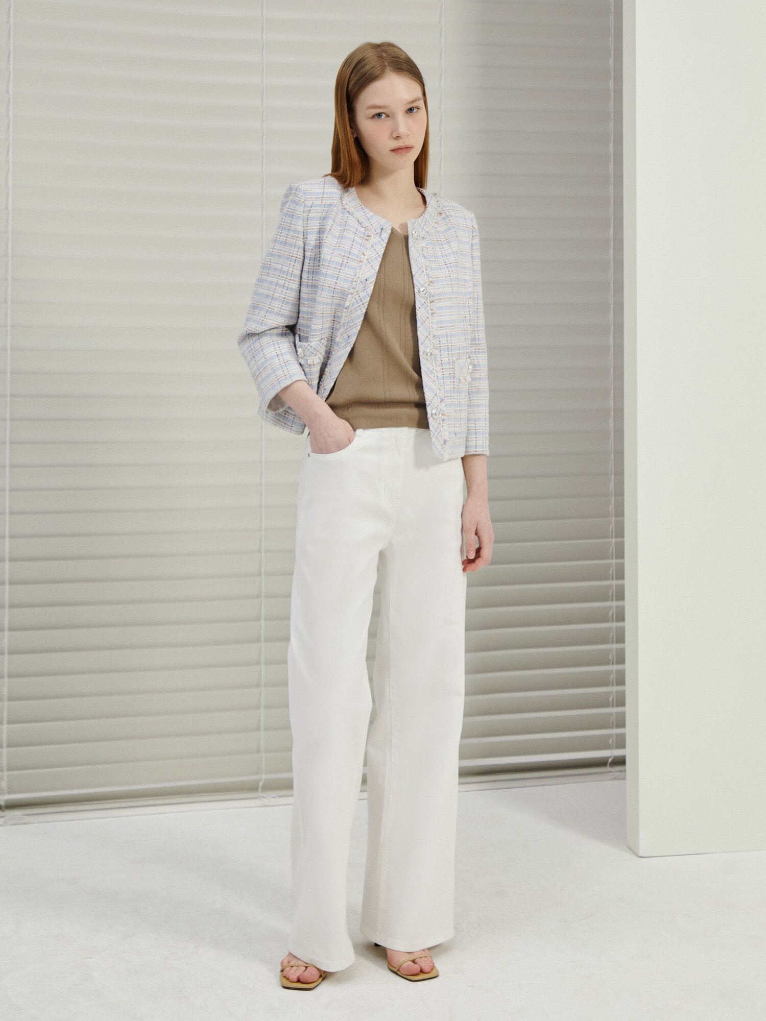 백 밴딩 와이드 데님 팬츠  (WHITE)