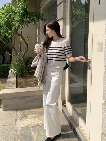 백 밴딩 와이드 데님 팬츠 
