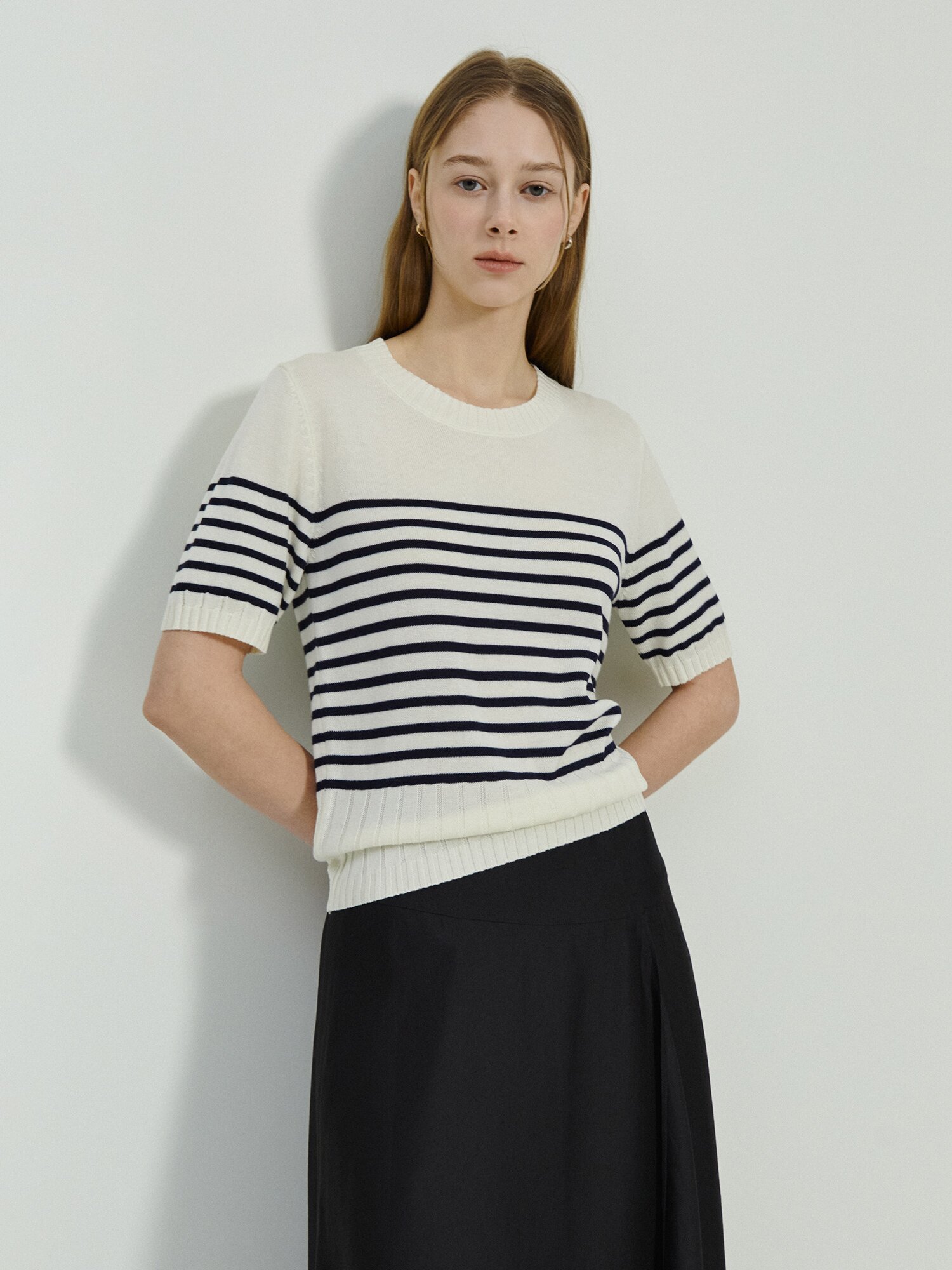 스트라이프 하프 슬리브 니트 (NAVY)