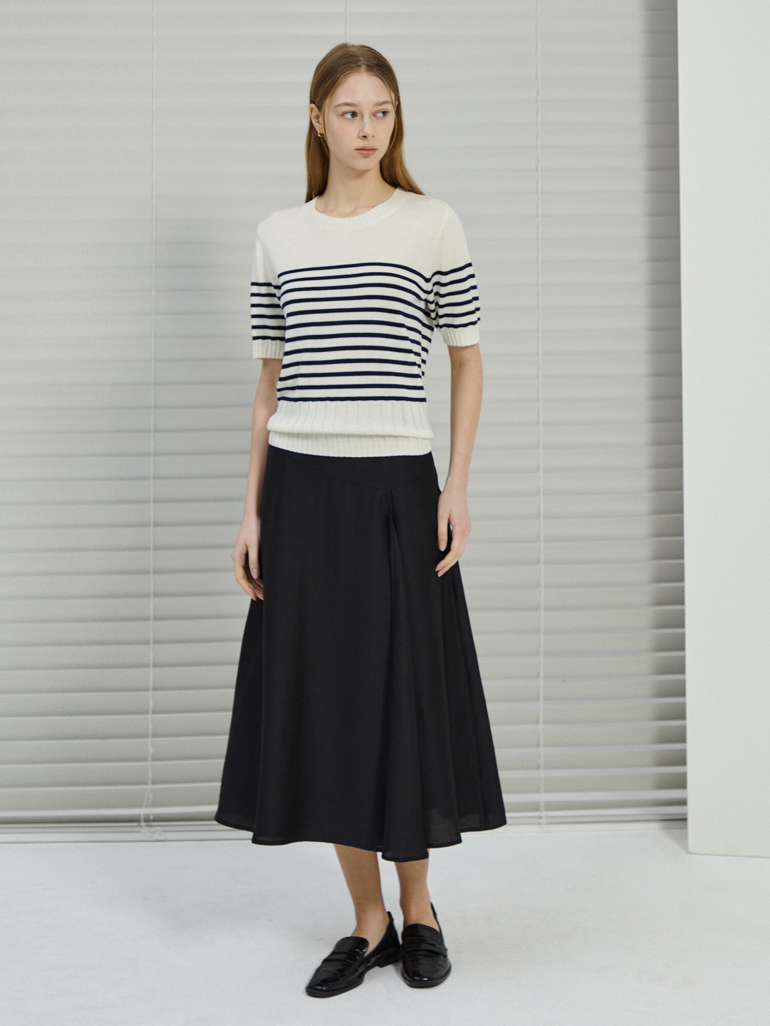 스트라이프 하프 슬리브 니트 (NAVY)